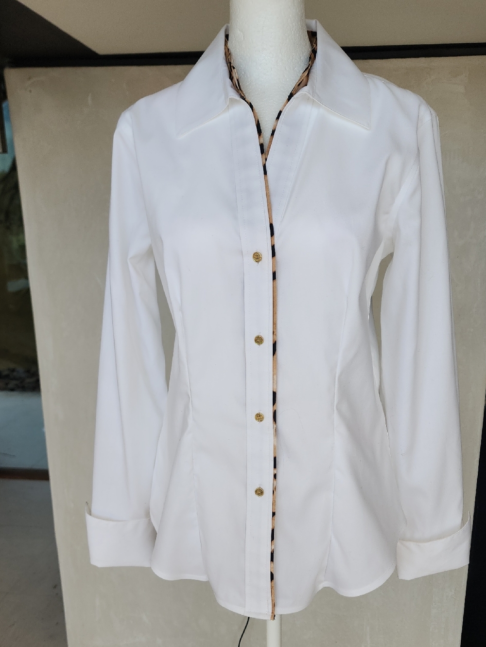 Calvin Klein White Button-Down Shirt with Leopard Trim